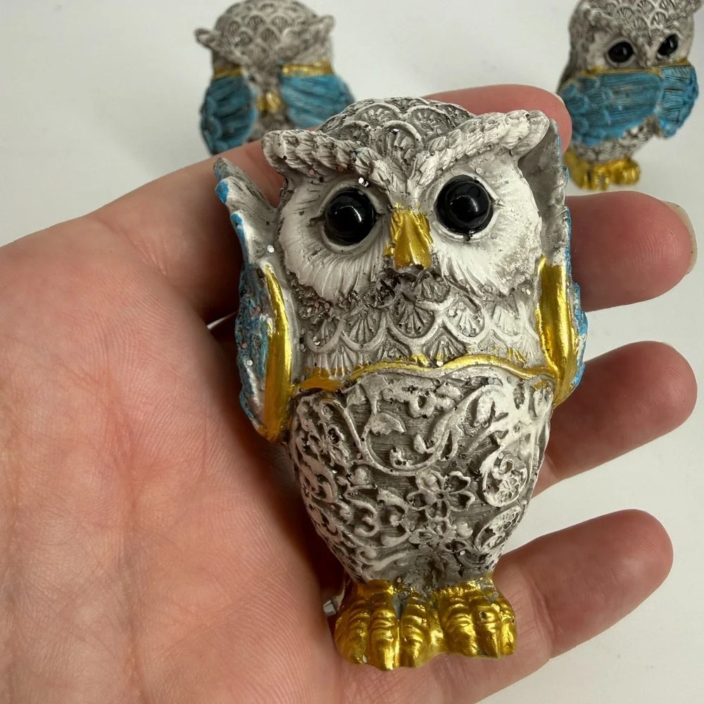 See, Hear & Speak No Evil Owl Set Figurine Statue Silver Gold‎ Blue 2.5